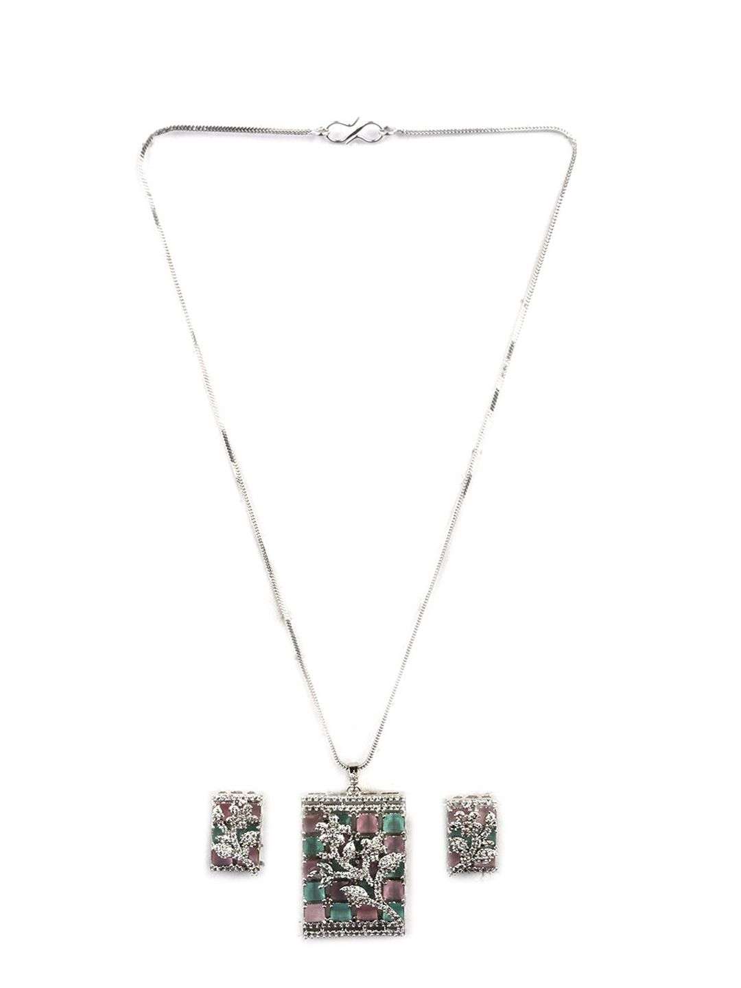 Silver Plated American Diamond Studded Big Square Necklace And Earrings - Indya