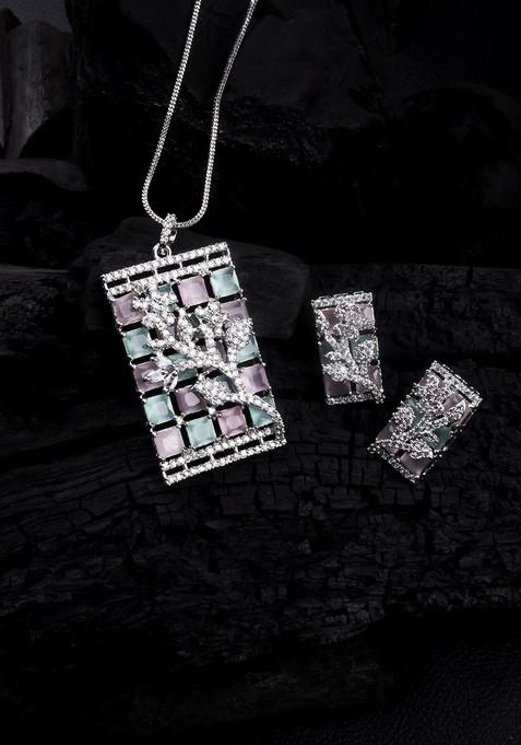 Silver Plated American Diamond Studded Big Square Necklace And Earrings