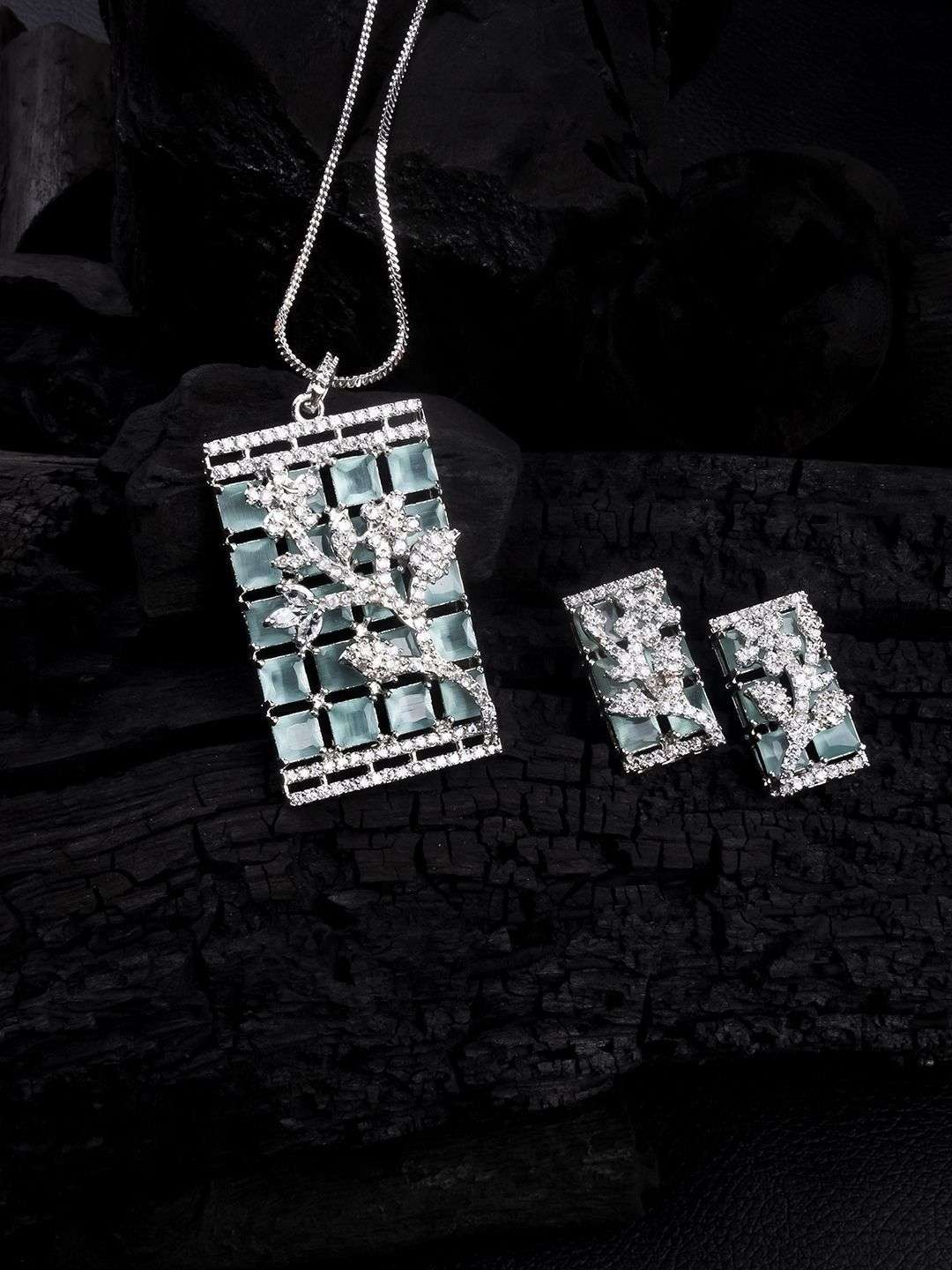 Silver Plated American Diamond Studded Big Square Jewellery Set - Indya