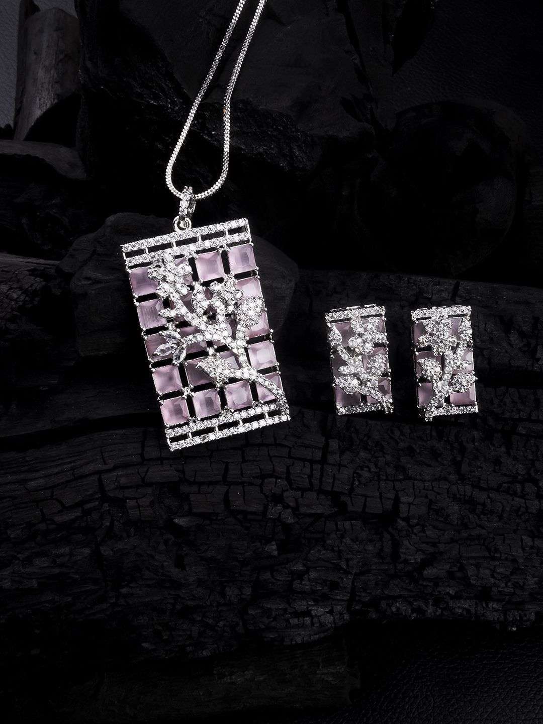 Silver Plated American Diamond Studded Jewellery Set - Indya