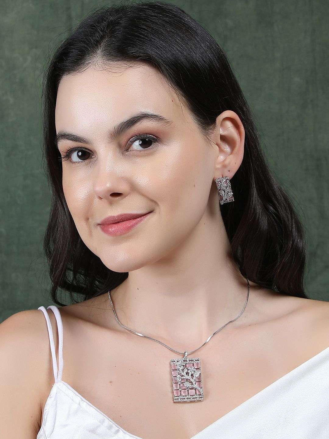 Silver Plated American Diamond Studded Jewellery Set - Indya
