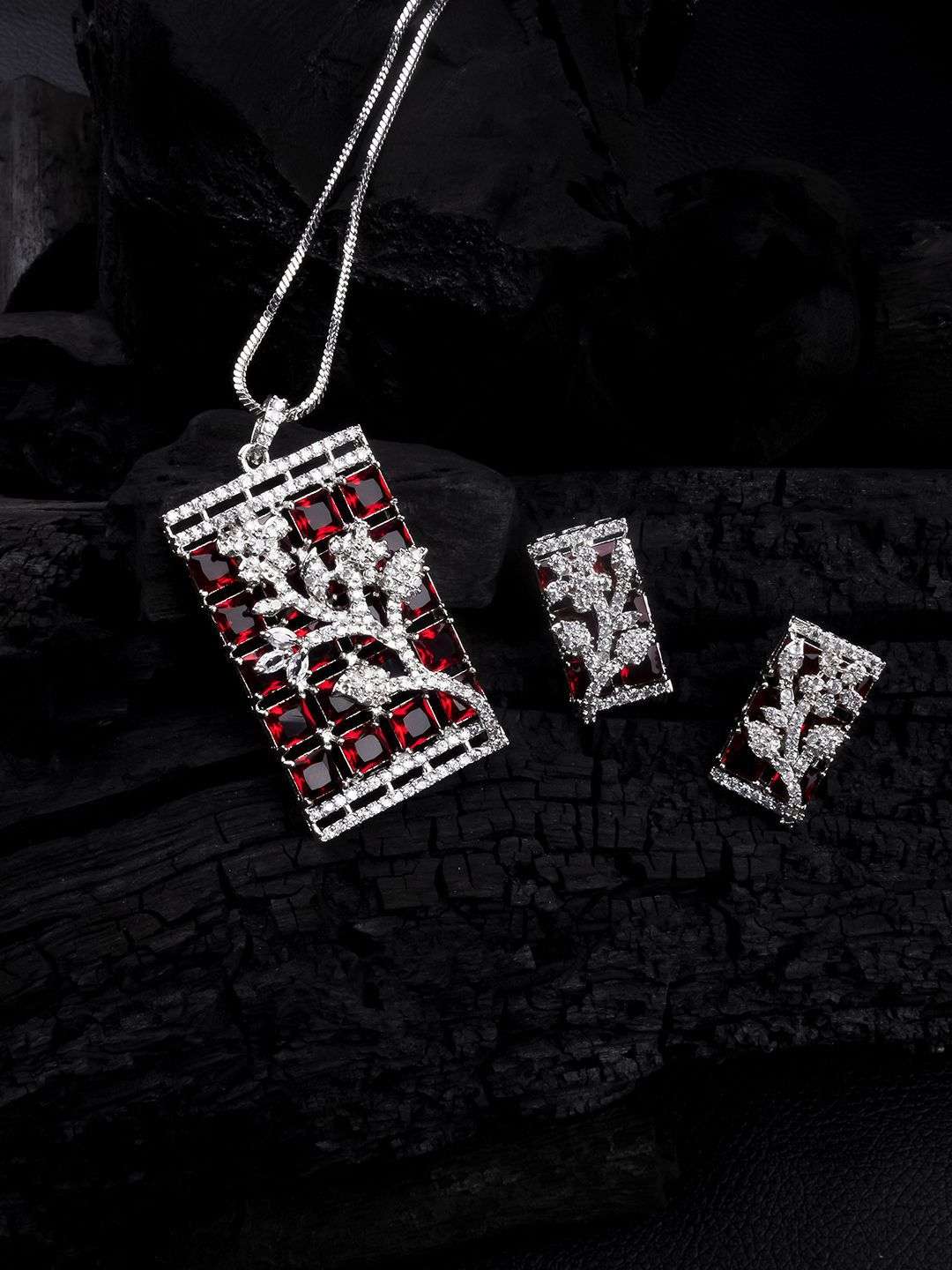 Silver Plated American Diamond Studded Big Square Necklace And Earrings - Indya
