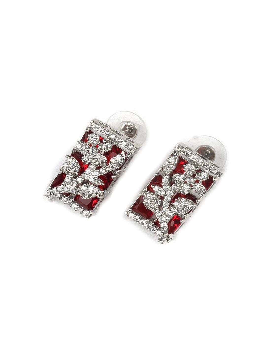 Silver Plated American Diamond Studded Big Square Necklace And Earrings - Indya