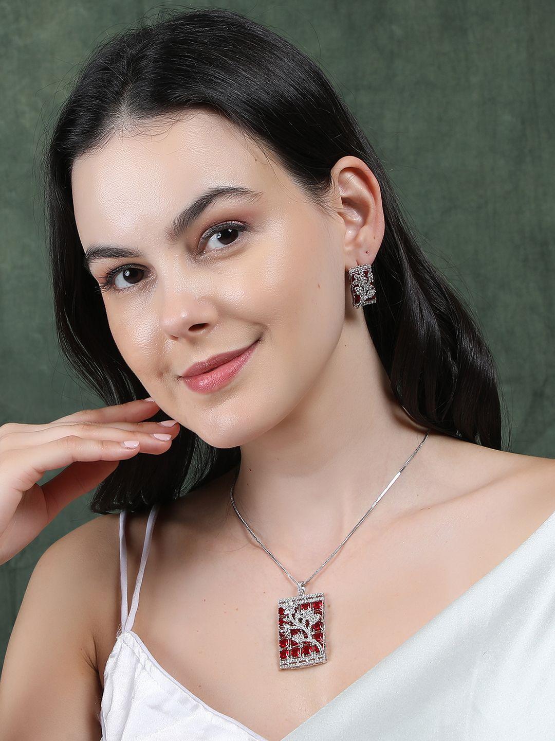 Silver Plated American Diamond Studded Big Square Necklace And Earrings