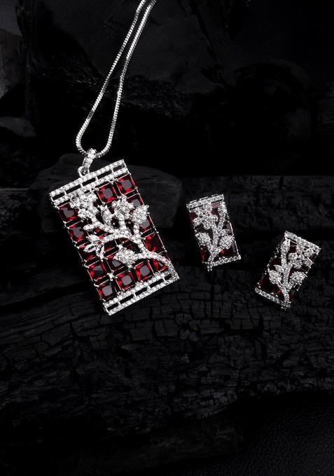 Silver Plated American Diamond Studded Big Square Necklace And Earrings