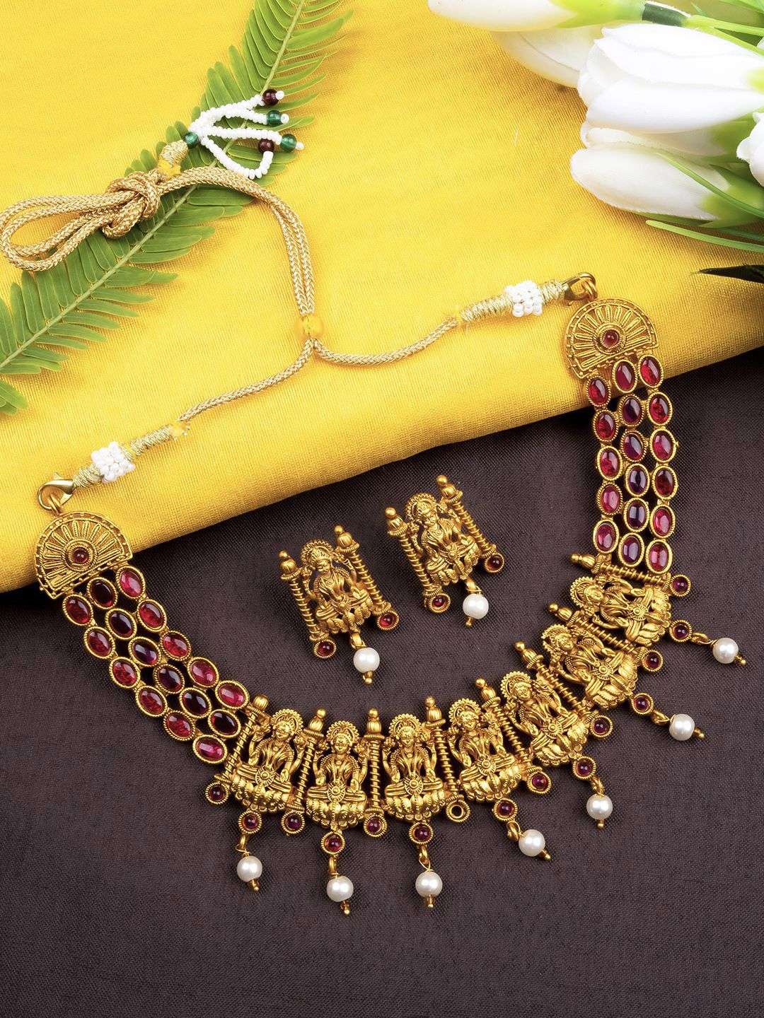 Gold Plated Stone Studded And Beaded Temple Jewellery Set - Indya