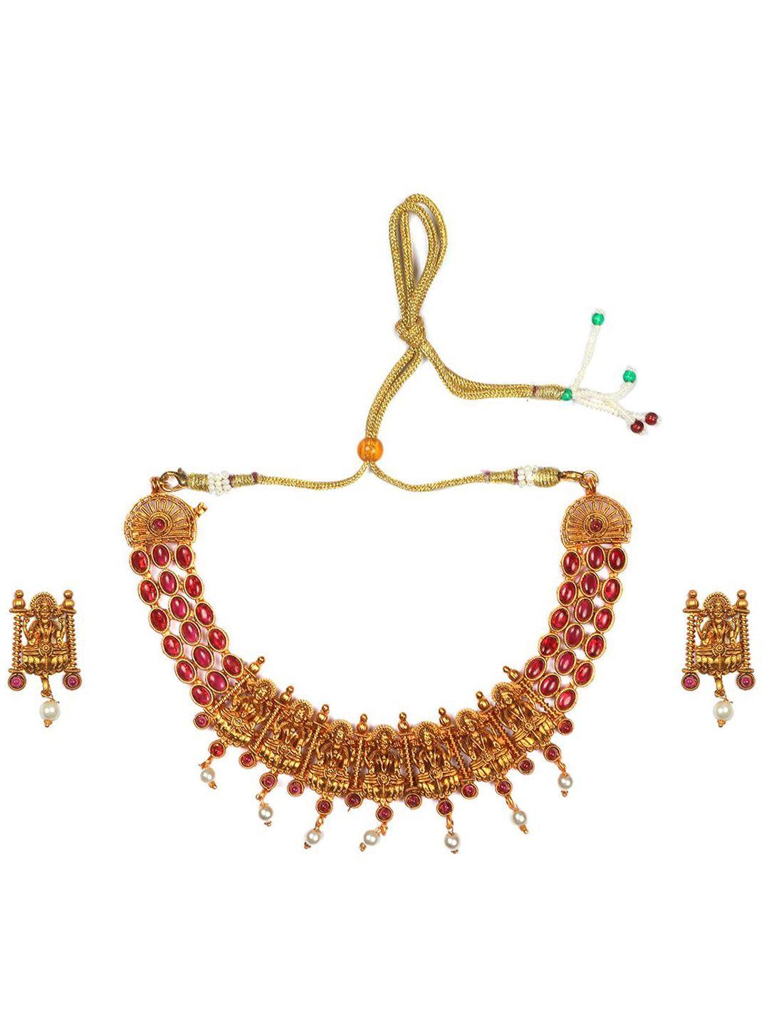 Gold Plated Stone Studded And Beaded Temple Jewellery Set