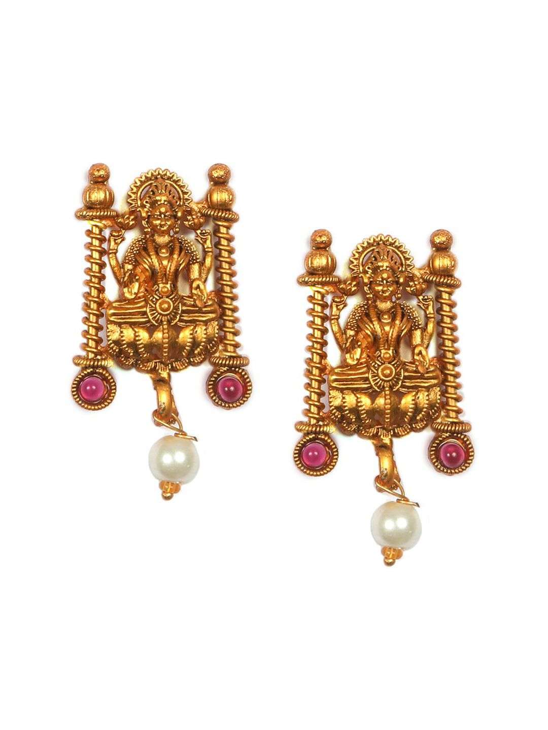 Gold Plated Stone Studded And Beaded Temple Jewellery Set - Indya