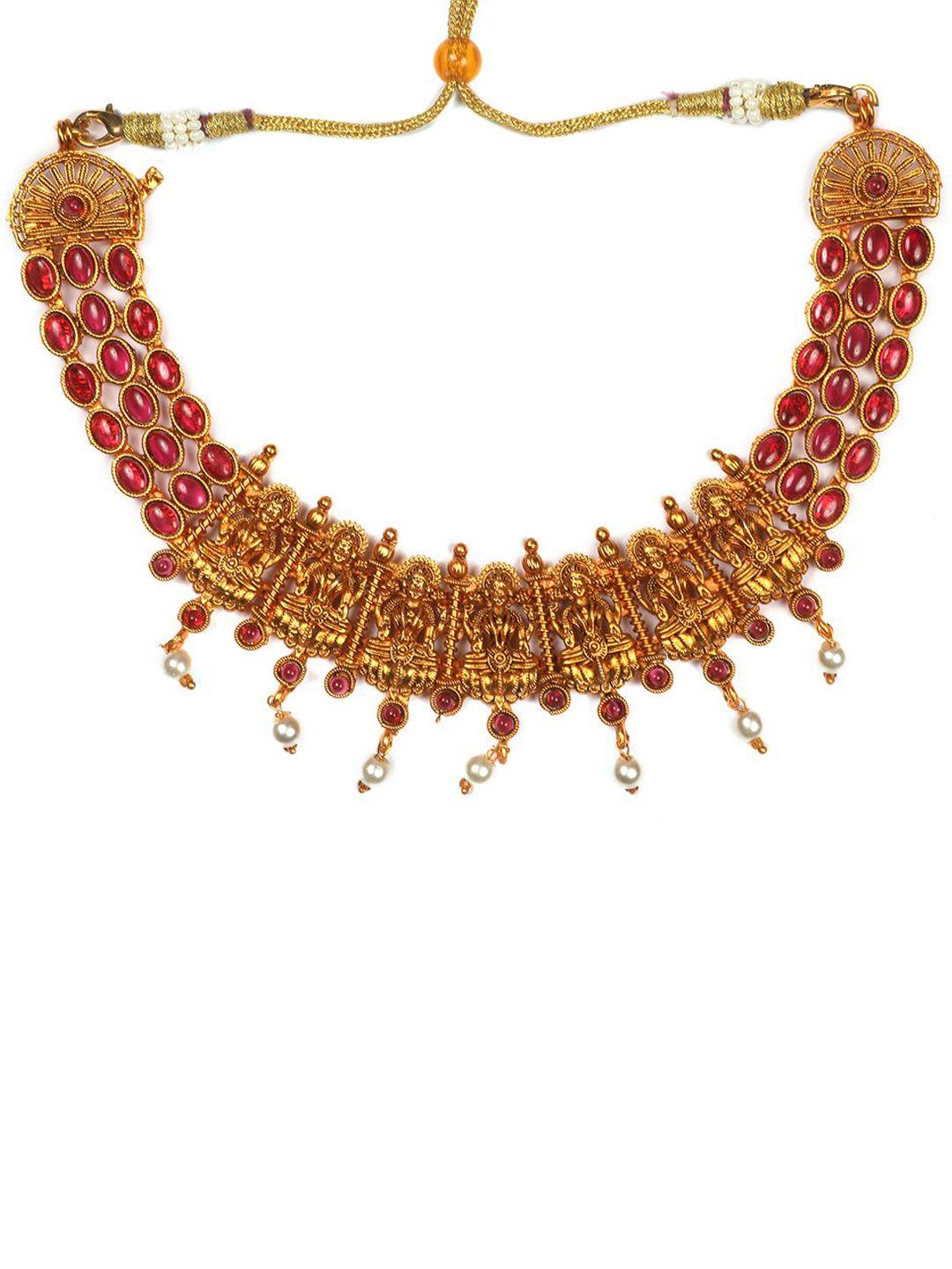 Gold Plated Stone Studded And Beaded Temple Jewellery Set