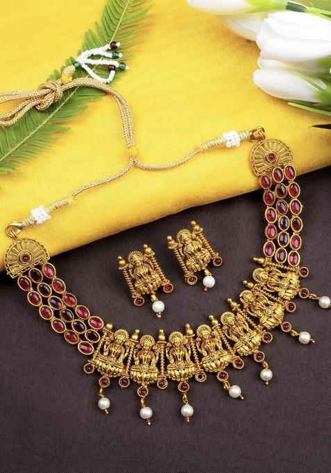 Gold Plated Stone Studded And Beaded Temple Jewellery Set