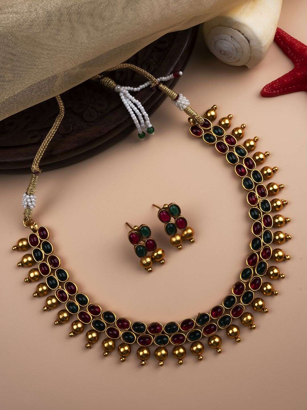 Gold Plated Ruby Studded And Beaded Jewellery Set - Indya