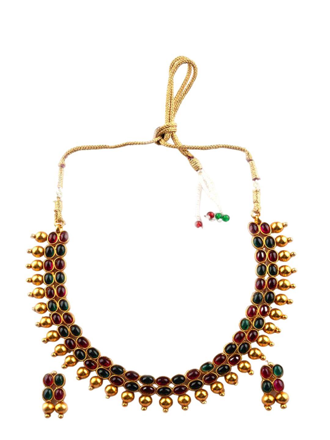 Gold Plated Ruby Studded And Beaded Jewellery Set