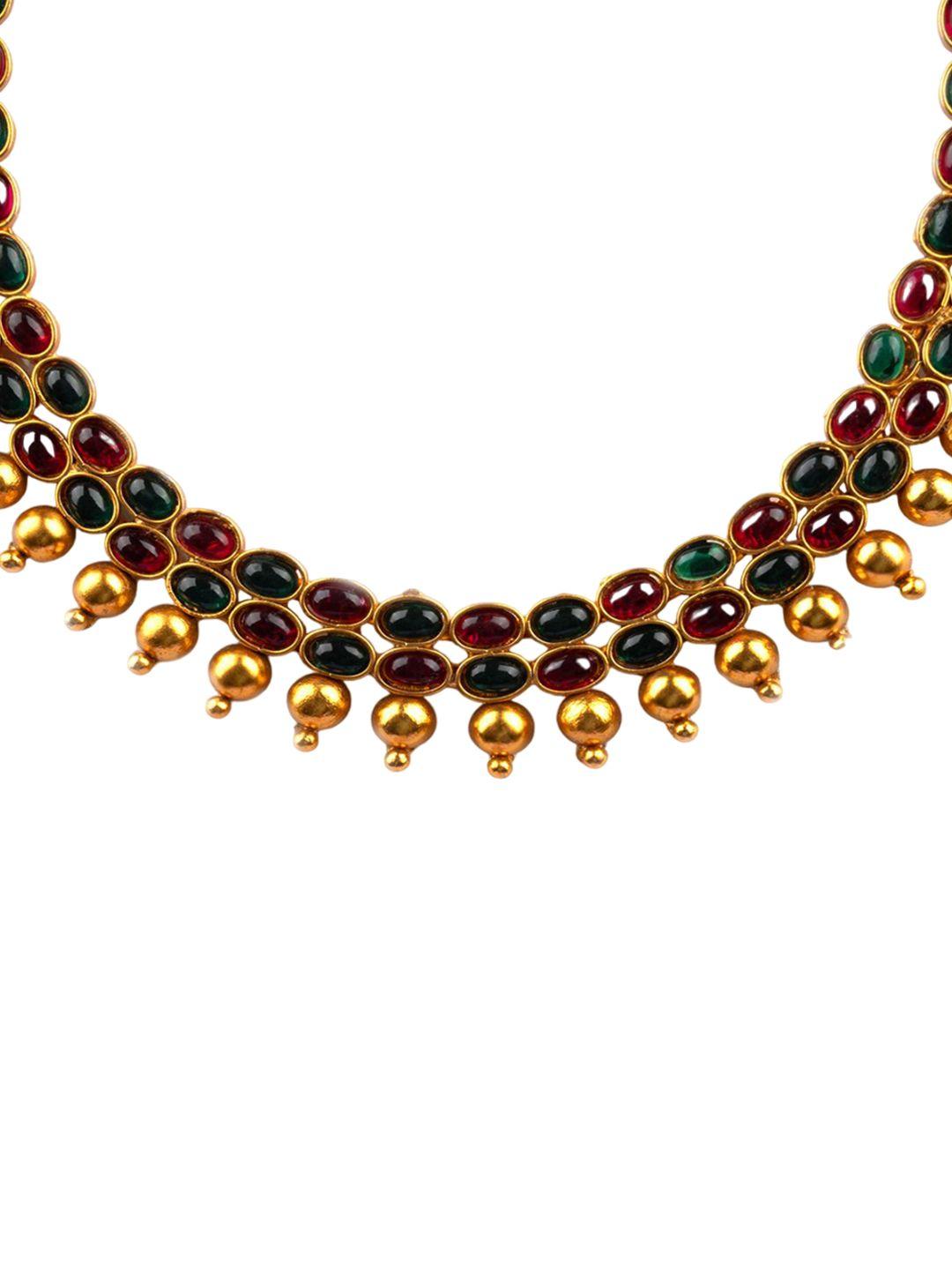 Gold Plated Ruby Studded And Beaded Jewellery Set