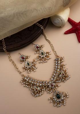 Gold Plated Kundan Studded And Beaded Guttapusallu Jewellery Set