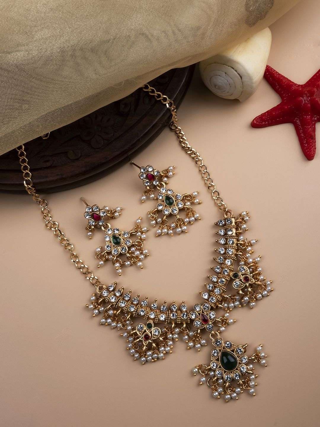 Gold Plated Kundan Studded And Beaded Guttapusallu Jewellery Set - Indya