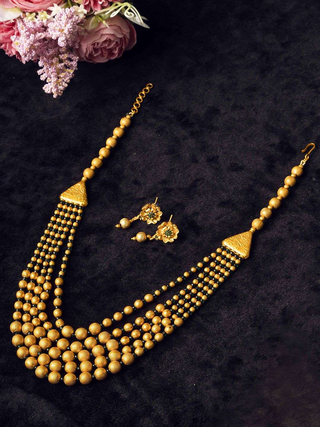 Gold Plated Stone Studded And Beaded Traditional Jewellery Set - Indya