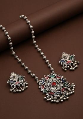 Silver Oxydised Finish Crescent Pendant Necklace Set  