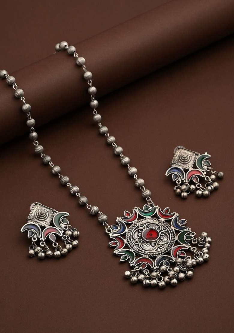 Silver Oxydised Finish Crescent Pendant Necklace Set   - Indya
