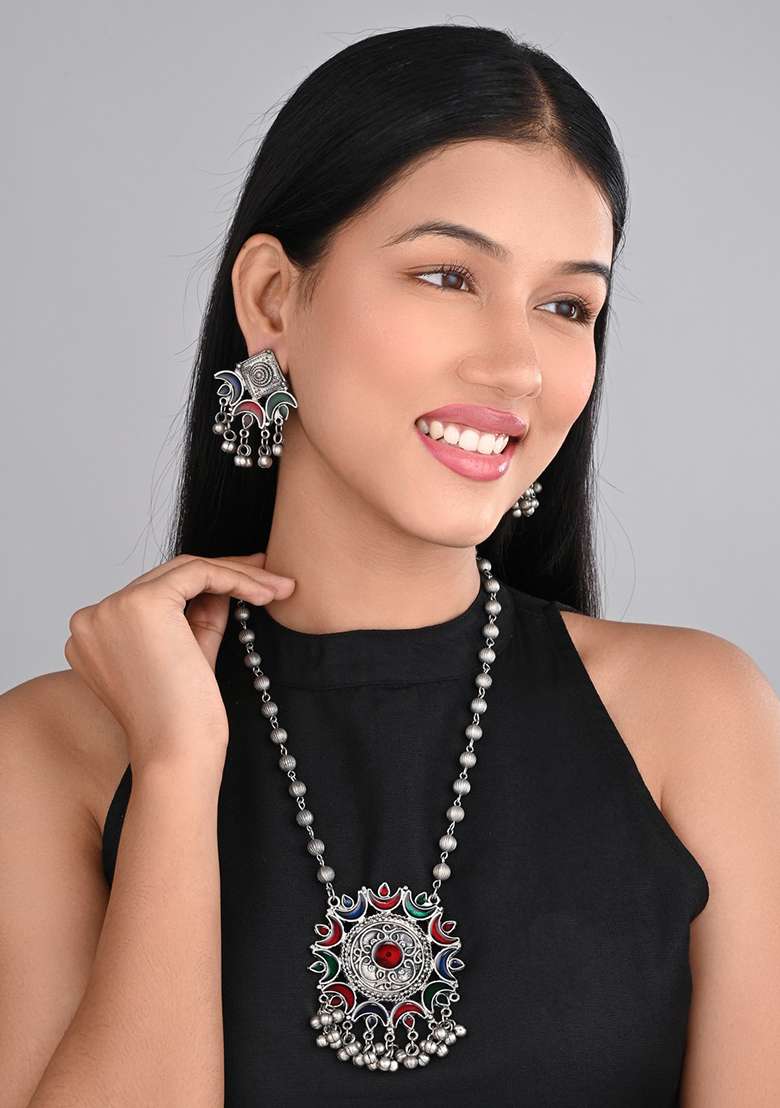 Silver Oxydised Finish Crescent Pendant Necklace Set   - Indya