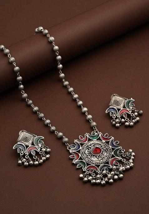 Silver Oxydised Finish Crescent Pendant Necklace Set  