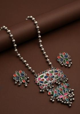 Silver Oxydised Finish Circular Pendant Necklace Set With Colourful Meenakari  