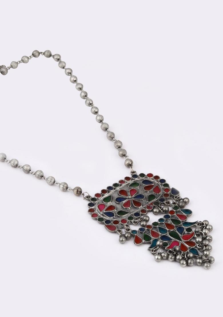 Silver Oxydised Finish Circular Pendant Necklace Set With Colourful Meenakari  