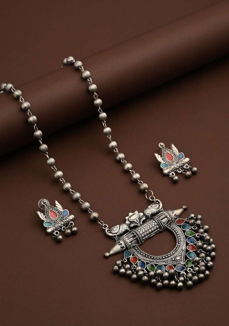Silver Oxydised Finish Pendant Necklace Set With Colourful Meenakari   - Indya