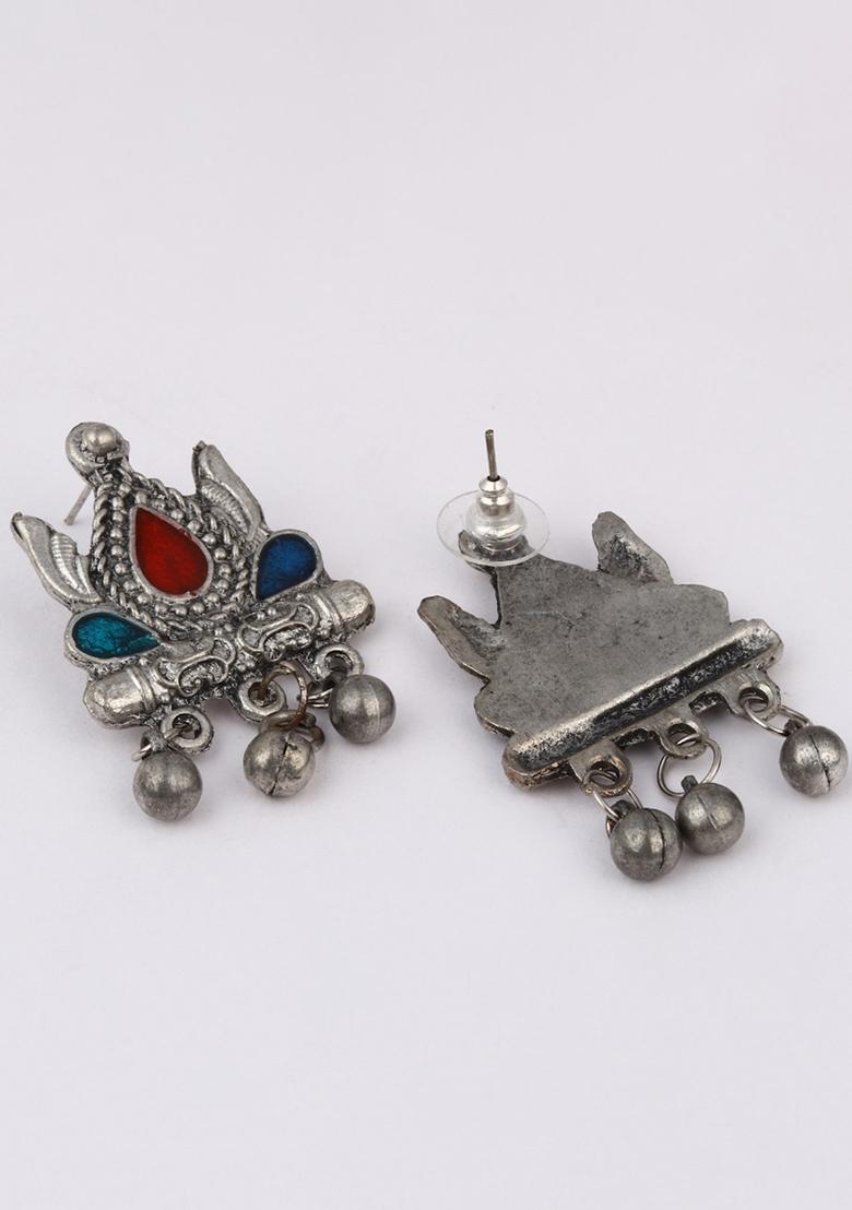 Silver Oxydised Finish Pendant Necklace Set With Colourful Meenakari  