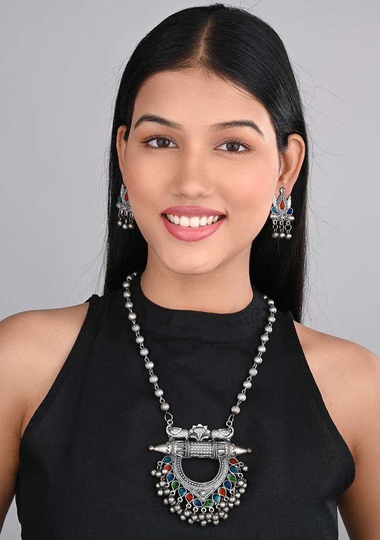 Silver Oxydised Finish Pendant Necklace Set With Colourful Meenakari   - Indya