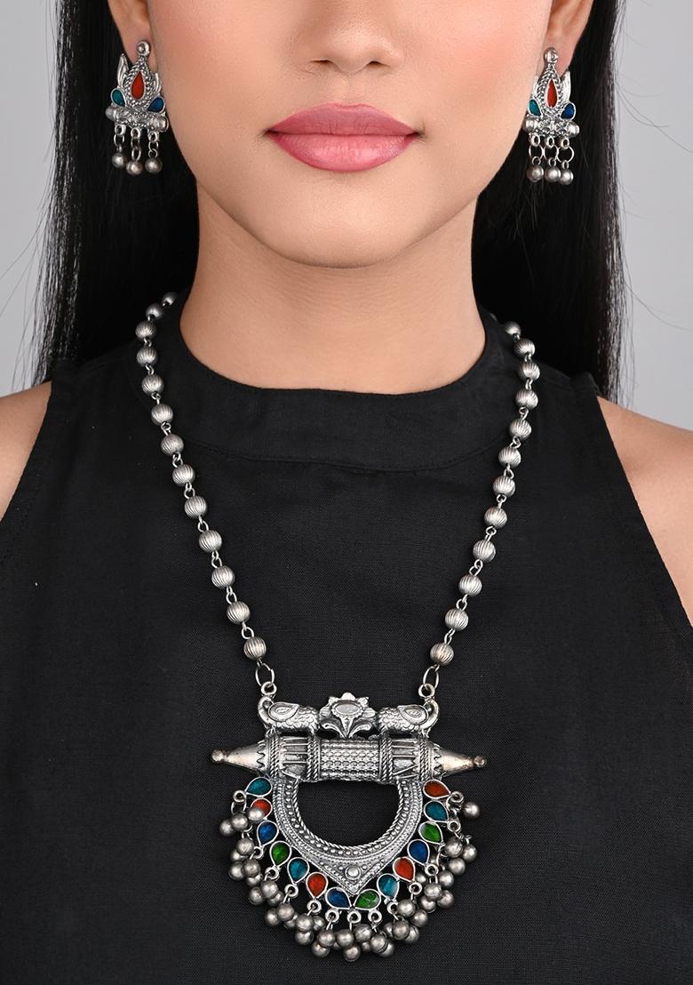 Silver Oxydised Finish Pendant Necklace Set With Colourful Meenakari  