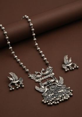 Silver Oxydised Finish Necklace Set With Colourful Meenakari  