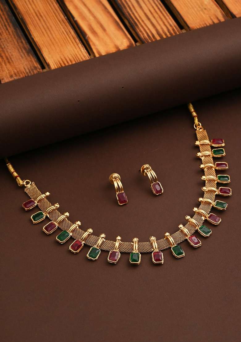 Red Green Stone Traditional Necklace Set   - Indya
