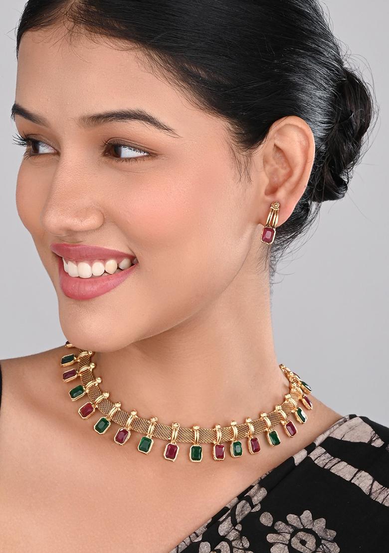 Red Green Stone Traditional Necklace Set  