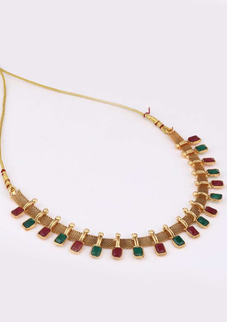 Red Green Stone Traditional Necklace Set   - Indya