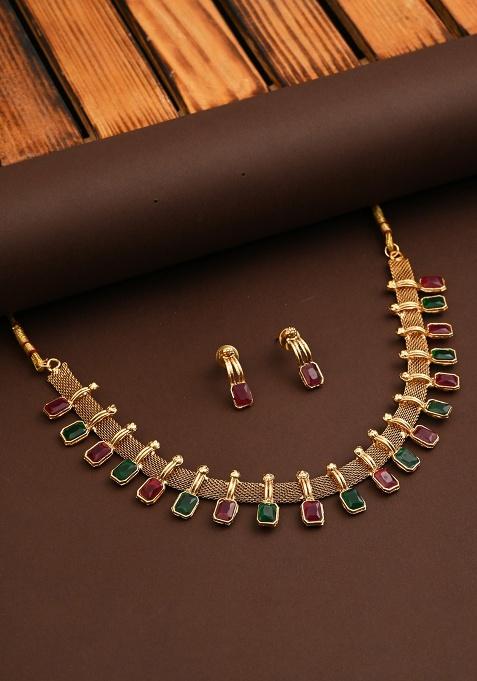 Red Green Stone Traditional Necklace Set  