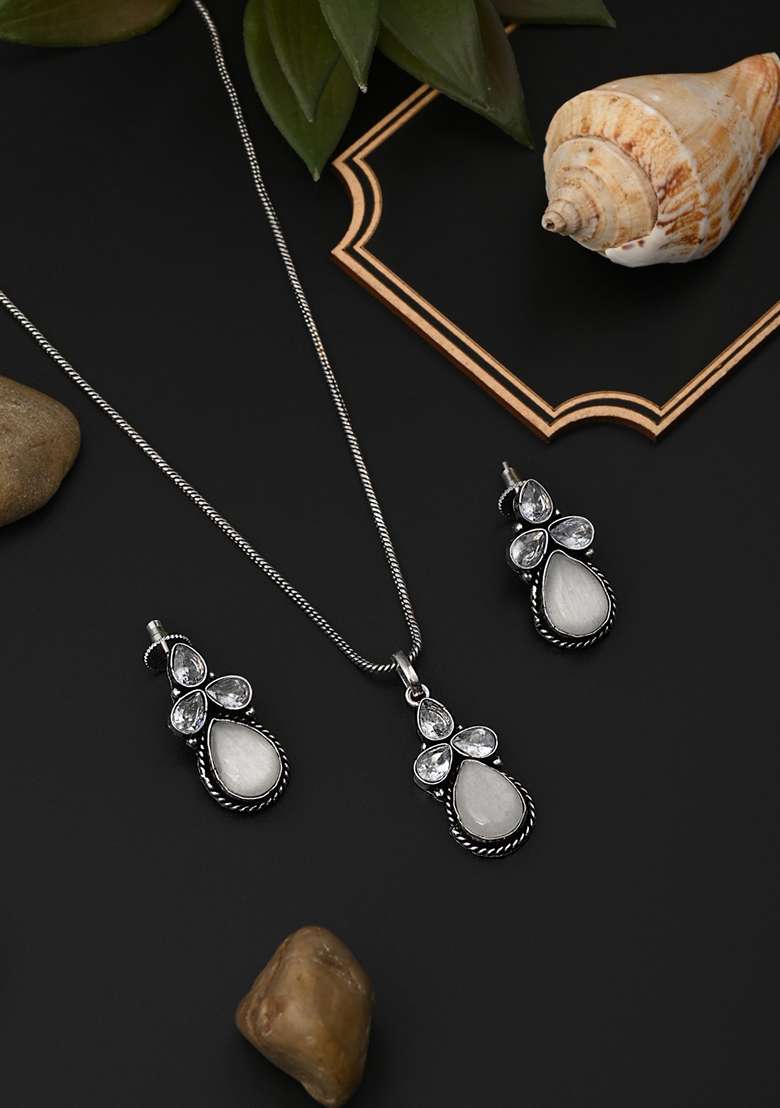 Silver Oxidised Finish Pearl Stone Pendant Set White - Indya