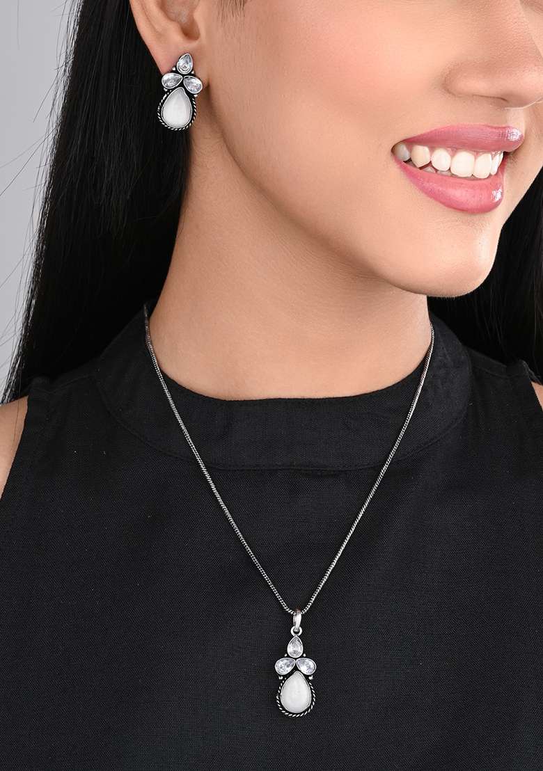 Silver Oxidised Finish Pearl Stone Pendant Set White - Indya