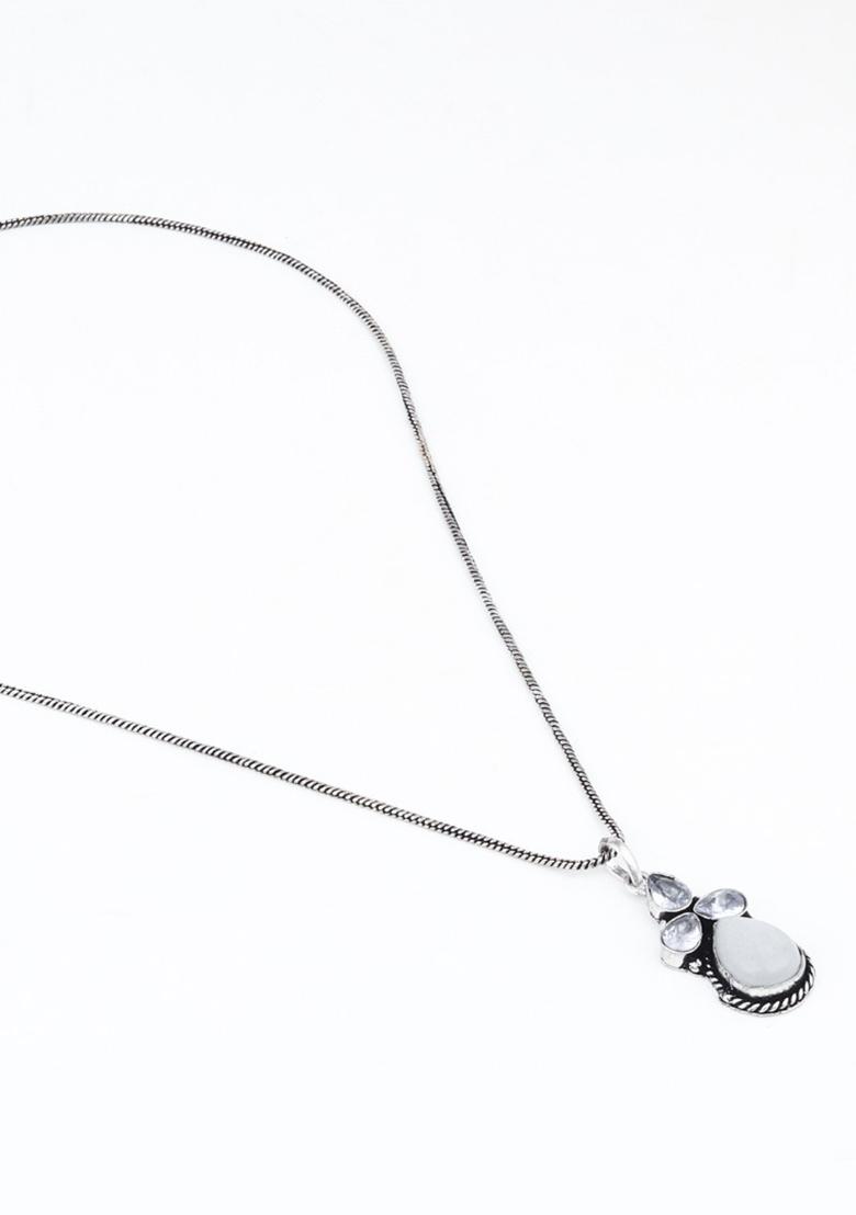 Silver Oxidised Finish Pearl Stone Pendant Set White