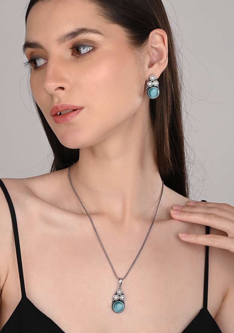 Silver Oxidised Finish Ad Pendant Set   - Indya