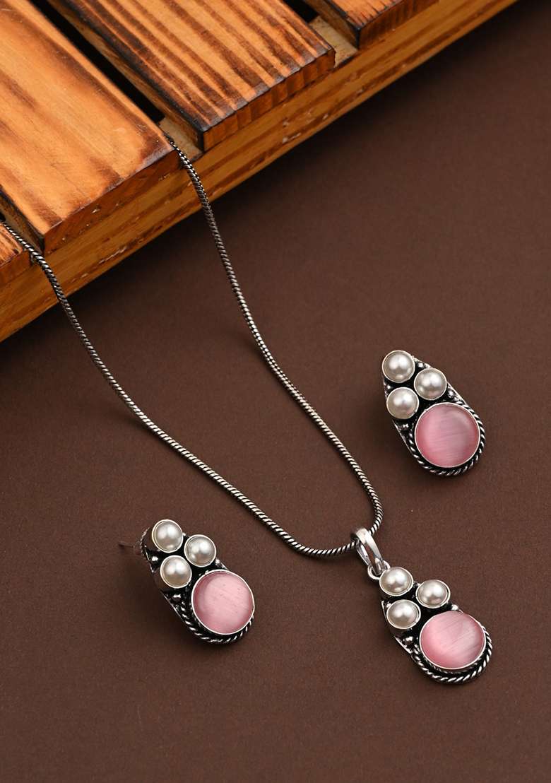 Silver Oxidised Finish Pearl Stone Pendant Set Blue   - Indya