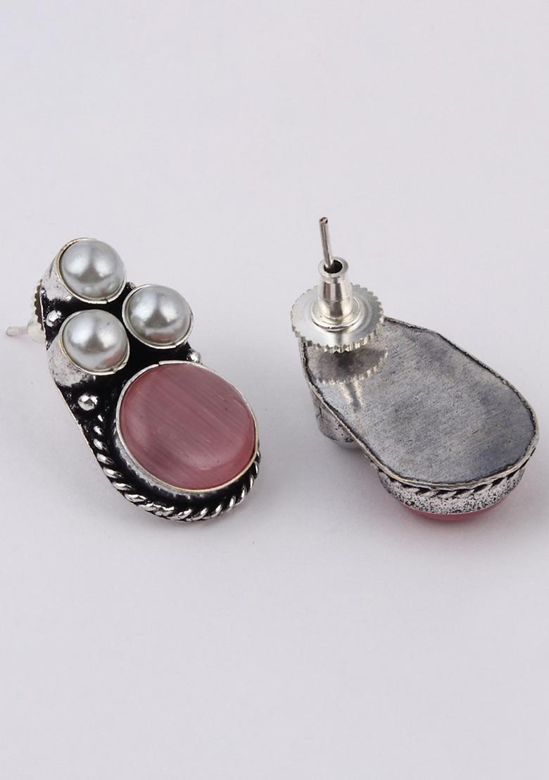 Silver Oxidised Finish Pearl Stone Pendant Set Blue  