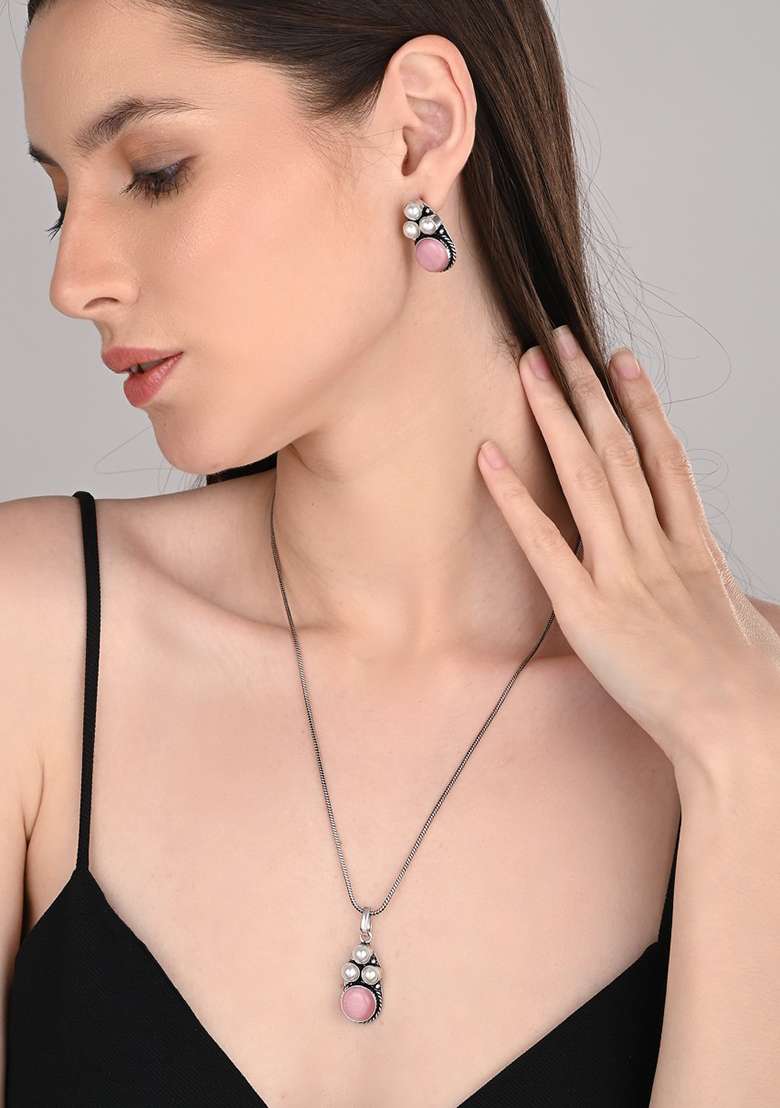 Silver Oxidised Finish Pearl Stone Pendant Set Blue   - Indya