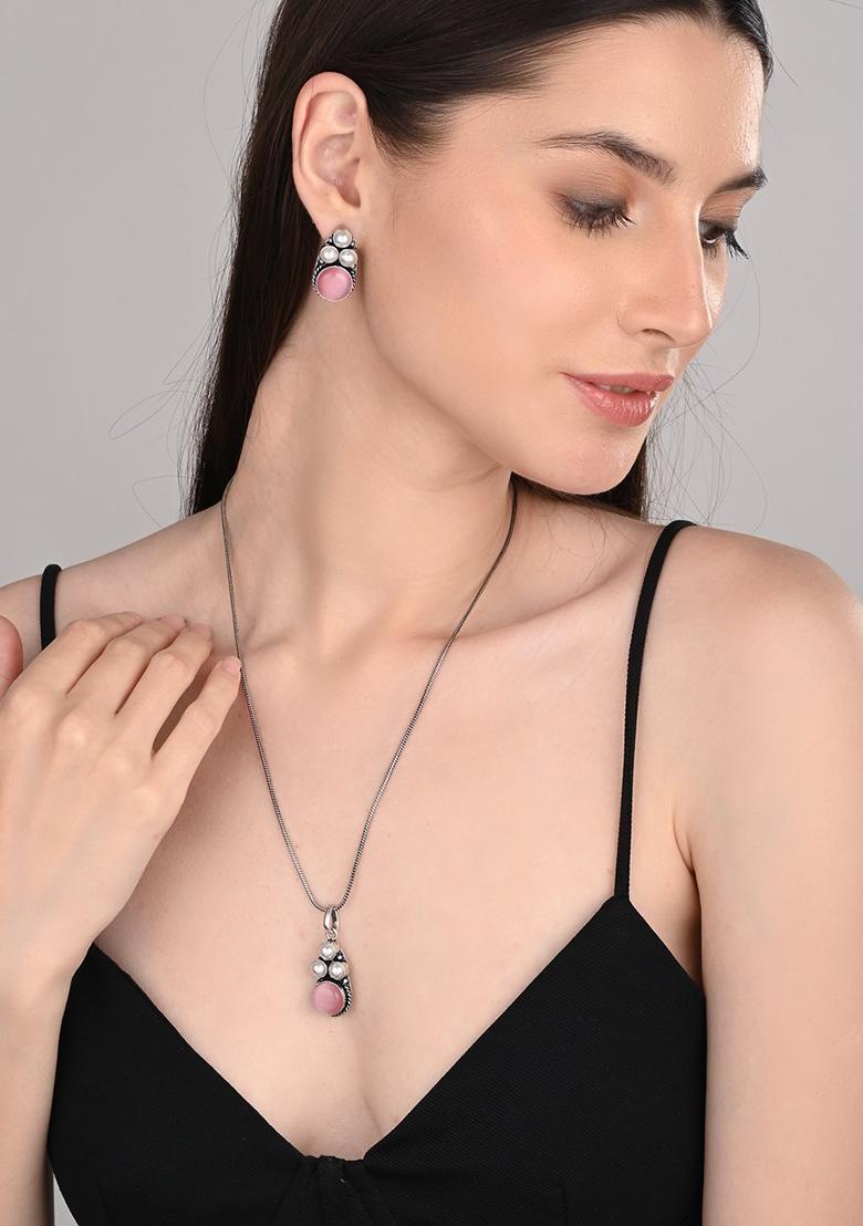 Silver Oxidised Finish Pearl Stone Pendant Set Blue  