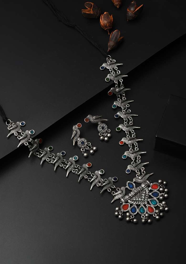 Silver Oxidised Finish Meenakari Jewellery Set - Indya