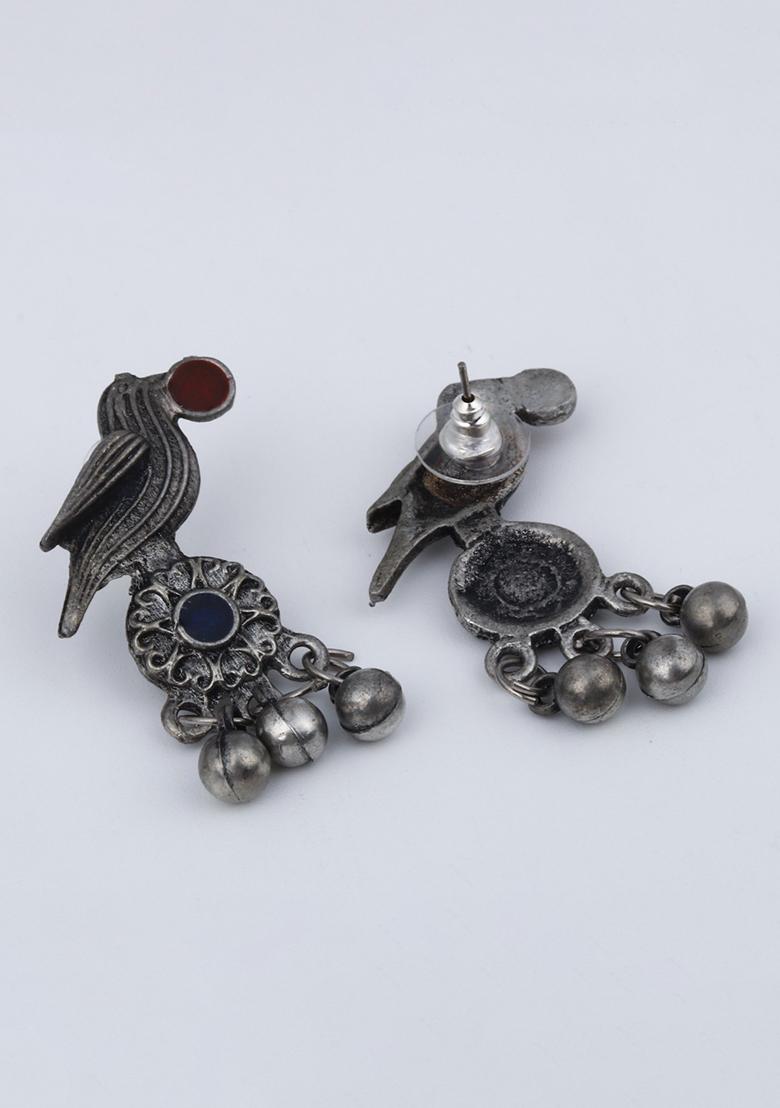 Silver Oxidised Finish Meenakari Jewellery Set