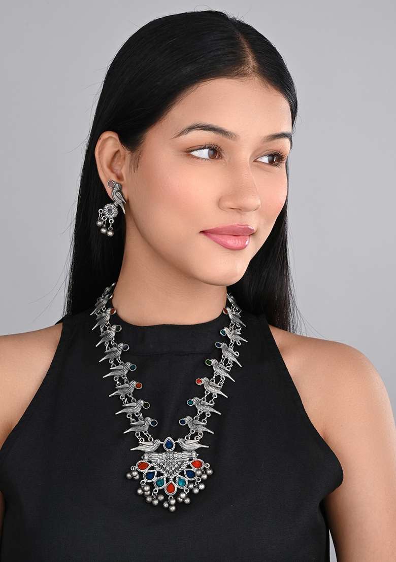 Silver Oxidised Finish Meenakari Jewellery Set - Indya