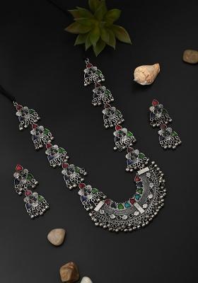 Silver Oxidised Finish Meenakari Jewellery Set  