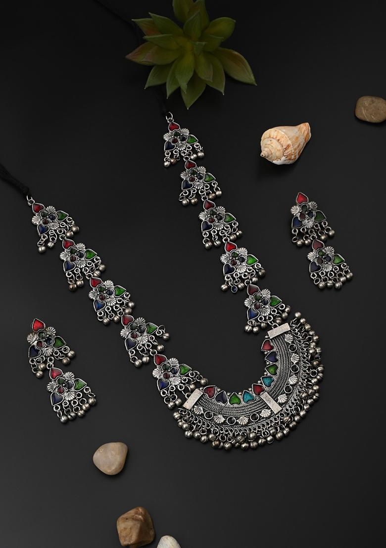 Silver Oxidised Finish Meenakari Jewellery Set  
