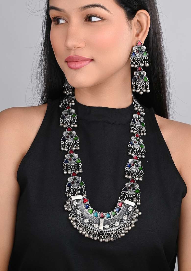Silver Oxidised Finish Meenakari Jewellery Set   - Indya