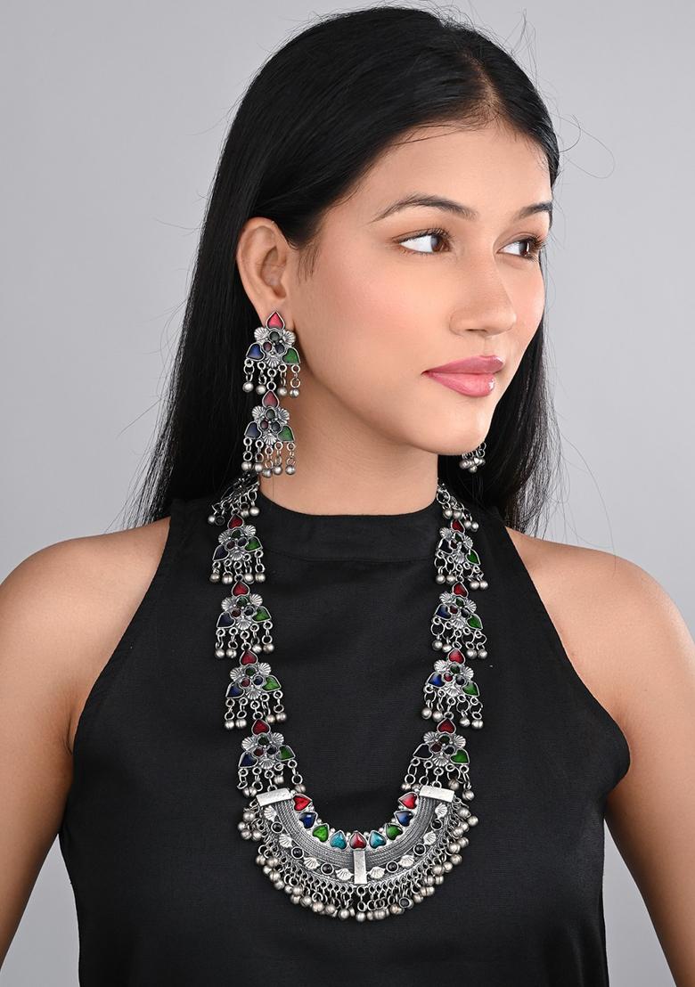 Silver Oxidised Finish Meenakari Jewellery Set  